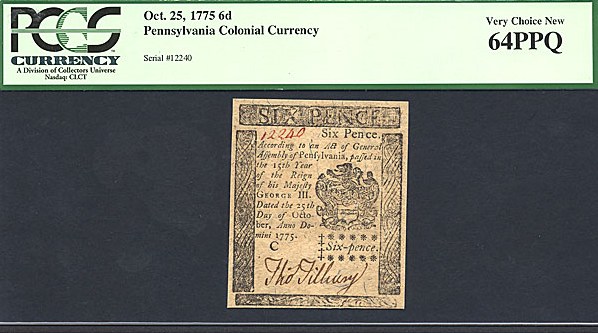 image for: Pennsylvania: Fr.PA184 1775 6d 25-Oct PCGS Choice CU64 PPQ [12240]