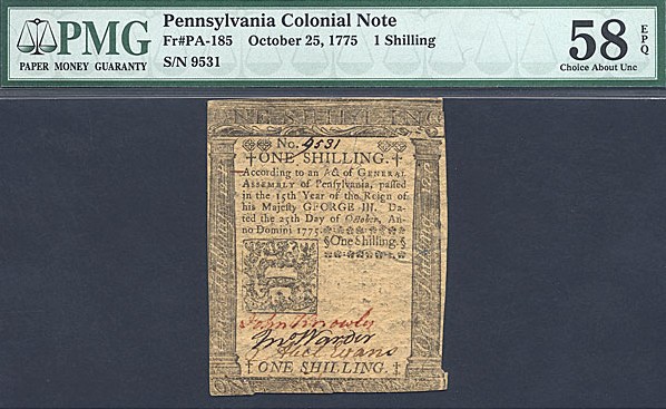 image for: Pennsylvania: Fr.PA185 1775 9d 25-Oct PMG AU58 EPQ  [9531]