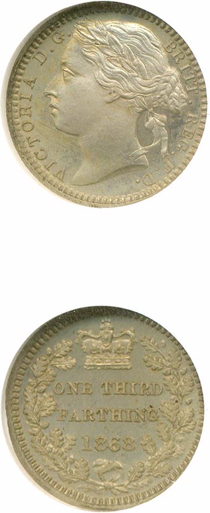 image for: Great Britain: 1868 1/3 Far Copper Nickel NGC Proof 66 (P-1930)