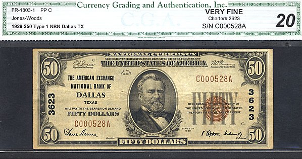 image for: Fr.1803-1 1929 $50  CGA VF20 #3623 Texas [C000528A]