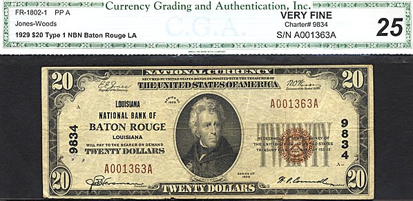 image for: Fr.1802-1 1929 $20  CGA VF25 #9834 Louisiana  [A001363A]