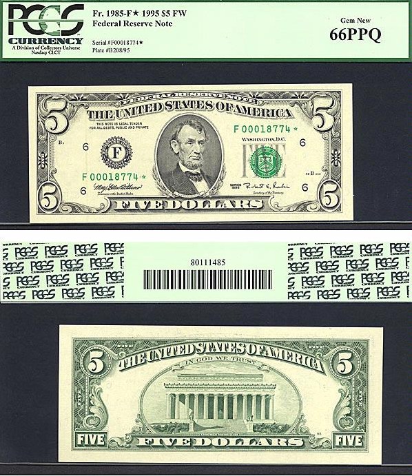 image for: Fr.1985F 1995 $5 Fort Worth, TX PCGS Gem CU66  [F00018774] *Star* 