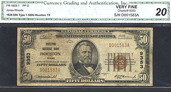 image for: Fr.1803-1 1929 $50  CGA VF20 #9353 Texas [D001583A]