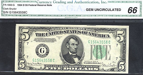 image for: Fr.1960G 1934D $5 Dark Green Seal CGA Gem CU66  [G15643558C]