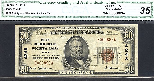 image for: Fr.1803-1 1929 $50  CGA VF35 #4248 Texas [E000893A]