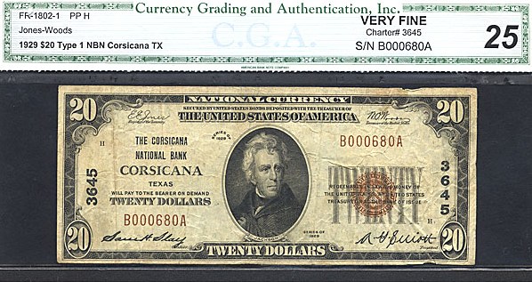 image for: Fr.1802-1 1929 $20  CGA VF25 #3645 Texas [B000680A]