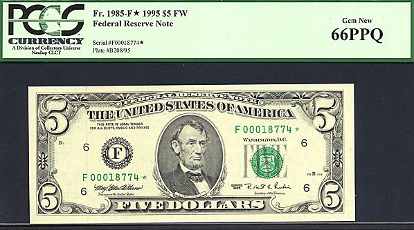 image for: Fr.1985F 1995 $5 Fort Worth, TX PCGS Gem CU66  [F00018774] *Star* 