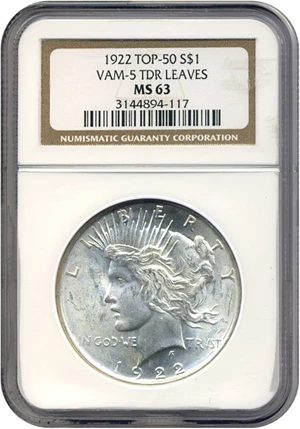 image for: Top 50 VAM: 1922 $1 VAM 5 TDR Leaves NGC MS63