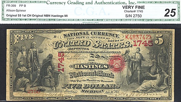 image for: Fr.399 Original $5 First Charter Period CGA VF25 #1745 Michigan [2750]