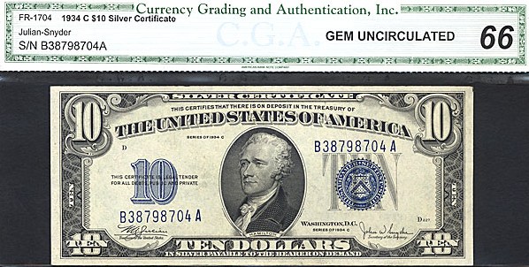 image for: Fr.1704 1934C $10  CGA Gem CU66  [B38798704A]