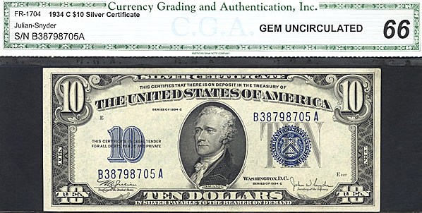 image for: Fr.1704 1934C $10  CGA Gem CU66  [B38798705A]