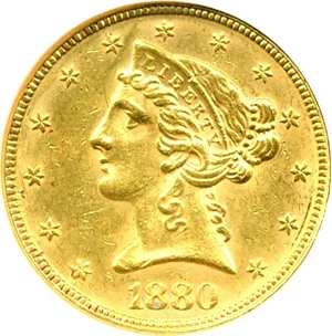 image for: 1880 $5 DGS AU55 (Cleaned)