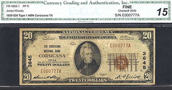 image for: Fr.1802-1 1929 $20  CGA F15 #3645 Texas [E000777A]