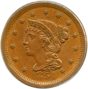 image for: 1854 1c ANACS AU58 BN