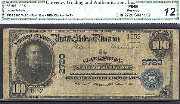 image for: Fr.698 1902 $100 Third Charter Period, 3rd Issue, Plain Back CGA F12 #2720 Tennessee [1952]