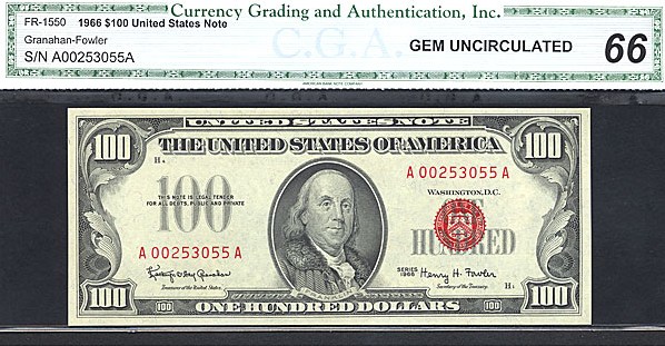 image for: Fr.1550 1966 $100 Red Seal CGA Gem CU66  [A00253055A]