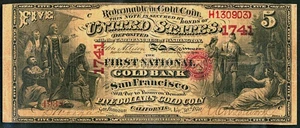 image for: 1870 $5 California Gold Bank Apparent VF25 (Fr.1136, Charter #1741, Minor Edge Restoration)