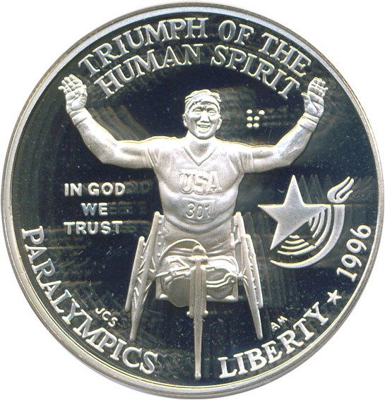image for: 1996-P $1 Paralympics PCGS Proof 69 DCameo & US Mint Cancelled Coin Die