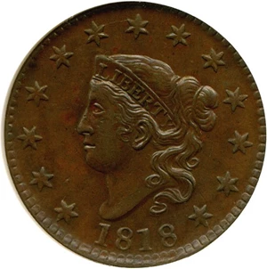 image for: 1818 1c NGC AU58 BN (N-7) ex: Jules Reiver Collection.
