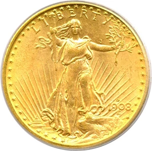 image for: 1908-D $20 No Motto PCGS MS65