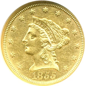 image for: 1855 $2 1/2 NGC AU58