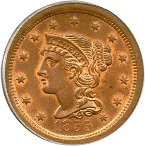 image for: 1855 1c Upright 55 PCGS/CAC MS65 RB