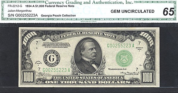 image for: Fr.2212G 1934A $1,000  CGA Gem CU65  [G00255223A] ex: Georgia Peach 