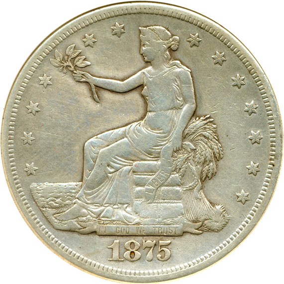 image for: 1875-S Trade$ VF Details ANACS F12 (Cleaned)
