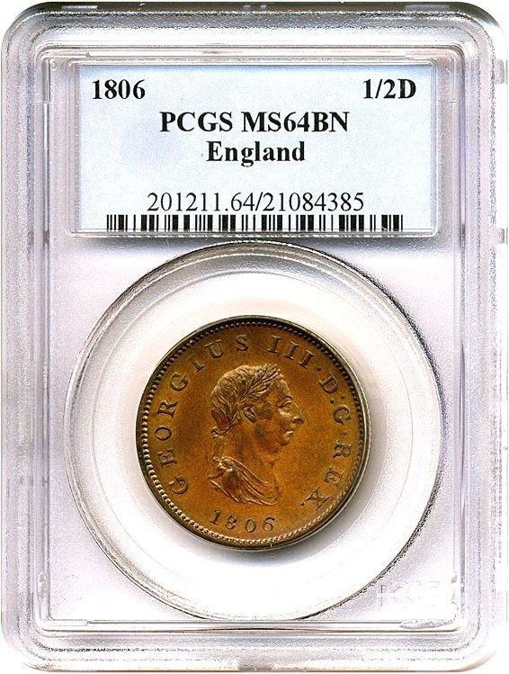 image for: Great Britain: 1806 1/2 D  PCGS MS64 BN