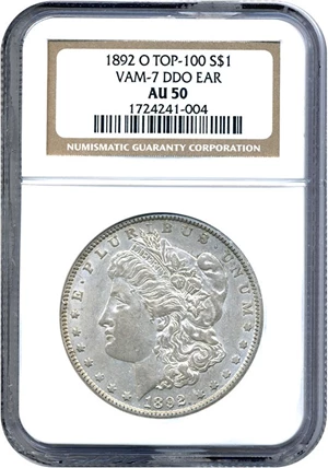 image for: Top 100 VAM: 1892-O $1 VAM 7 Doubled Ear NGC AU50