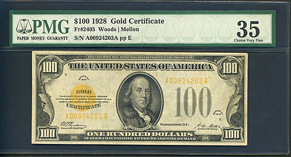 image for: Fr.2405 1928 $100 Gold Seal and Serial Numbers PMG VF35  [A00924203A]