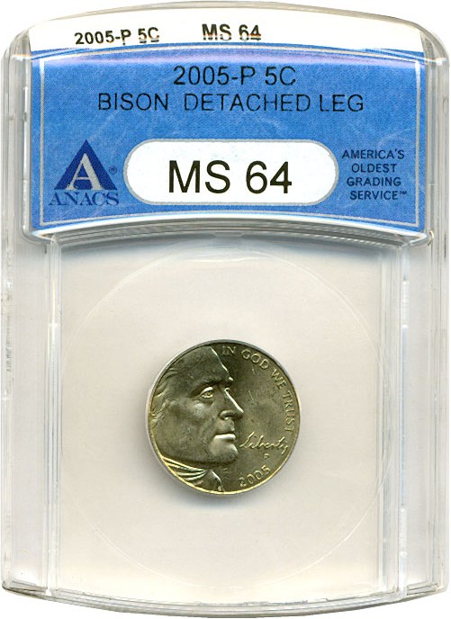 image for: 2005-P 5c Bison ANACS MS64 *Detached Leg*