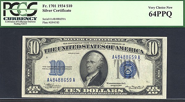 image for: Fr.1701 1934 $10 Blue Seal and Serial Numbers PCGS Choice CU64 PPQ [A48488659A]