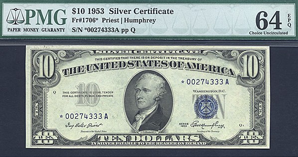 image for: Fr.1706 1953 $10 Blue Seal and Serial Numbers PMG Choice CU64 EPQ [00274333] *Star* 