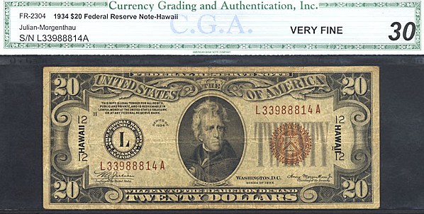 image for: Fr.2304 1934 $20 Hawaiian CGA VF30  [L33988814A]