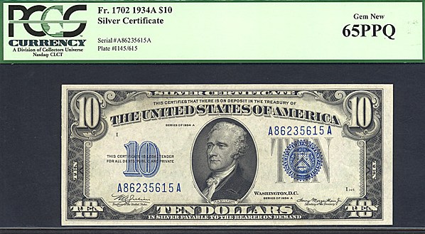 image for: Fr.1702 1934A $10 with blue seal and serial numbers. PCGS Gem CU65 PPQ [A86235615A]