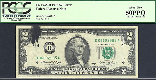 image for: Fr.1935D 1976 $2  PCGS AU50 PPQ [D06692585A] *Error - Ink Smear on Face*