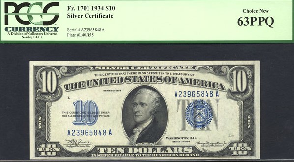 image for: Fr.1701 1934 $10 Blue Seal and Serial Numbers PCGS Choice CU63 PPQ [A23965848A]