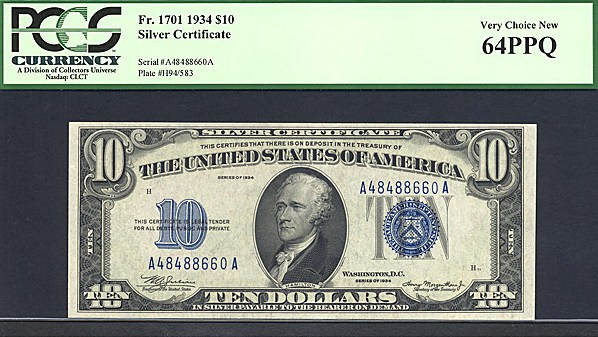 image for: Fr.1701 1934 $10 Blue Seal and Serial Numbers PCGS Choice CU64 PPQ [A48488660A]