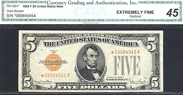 image for: Fr.1531 1928F $5  CGA XF45  [09084045A] *Star - Oxidized*