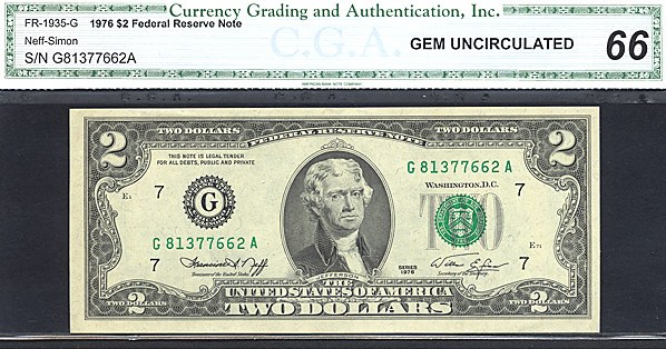 image for: Fr.1935G 1976 $2  CGA Gem CU66  [G81377662A]