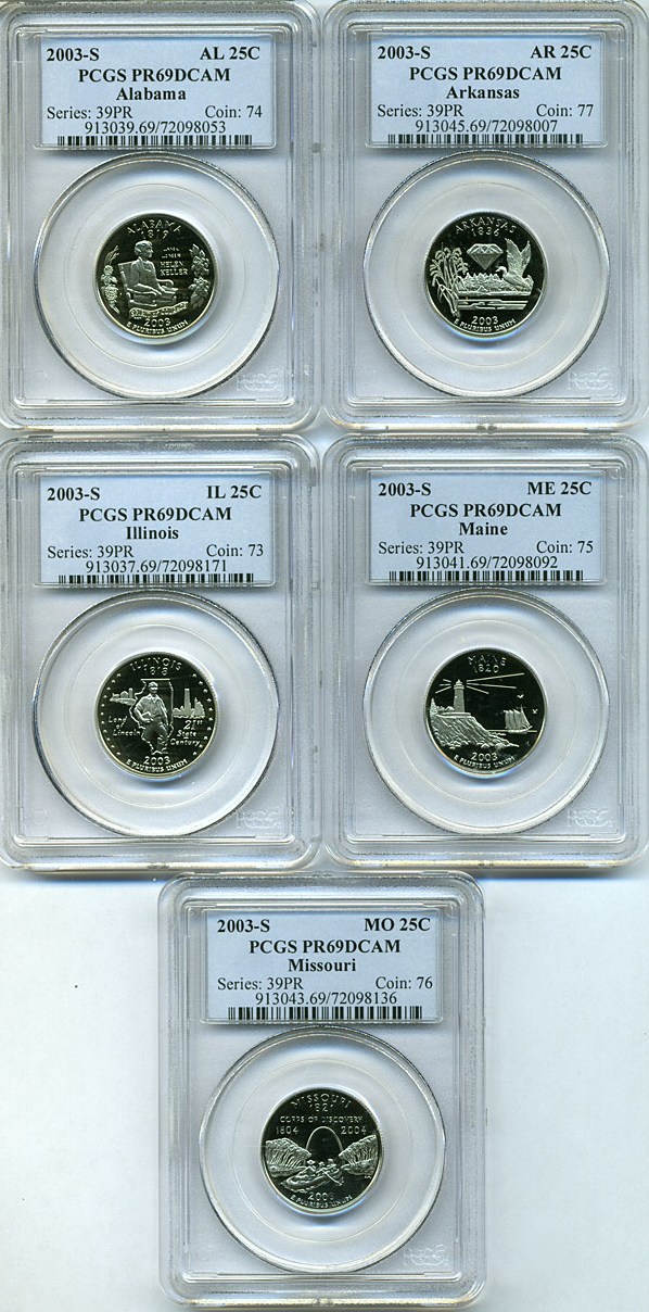 image for: 2003-S 25c State Quarters Proof Set - Clad (5 coins) PCGS Proof 69 DCameo