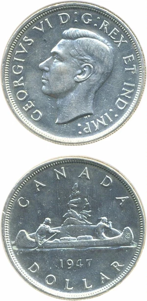 image for: Canada: 1947 $1 Blunt 7 DGS AU50 (Lightly Cleaned)