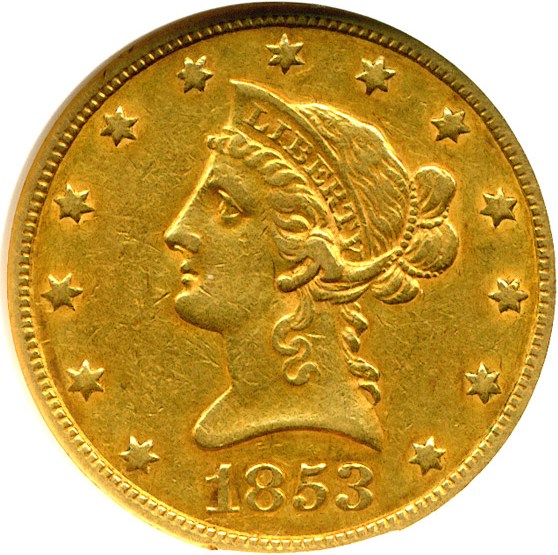 image for: 1853 $10  NGC XF45 