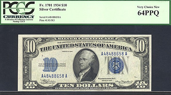 image for: Fr.1701 1934 $10 Blue Seal and Serial Numbers PCGS Choice CU64 PPQ [A48488658A]