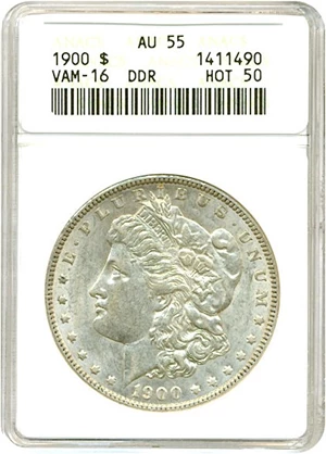 image for: Hot 50 VAM: 1900 $1 VAM 16 Two Olive Rev ANACS AU55