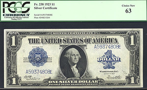 image for: Fr.238 1923 $1  PCGS Choice CU63  [A59374808E]