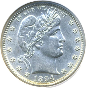 image for: 1894 25c DGS AU58 (Lightly Cleaned)