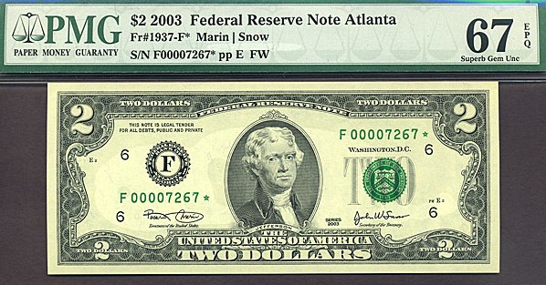 image for: Fr.1937F* 2003 $2  PMG Gem CU67 EPQ  [F00007267] *Star* 