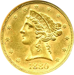 image for: 1880 $5 DGS AU55 (Cleaned)